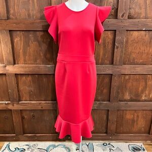 VENUS Vibrant Red Midi Dress with Ruffle Details
